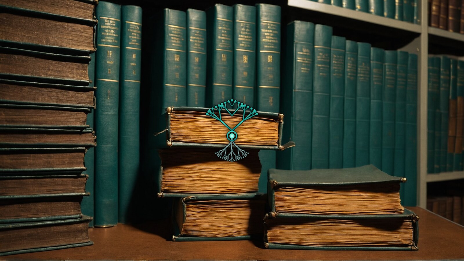 Shelves of teal bound volumes in an archive with a short stack of old open books in front under warm light, the AMARBARO symbol centered over them.