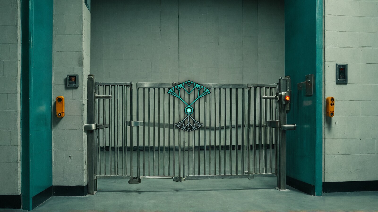 A barred steel gate in a pale concrete corridor with teal doors, small amber warning lamps on the walls beside it, the AMARBARO symbol centered over it.