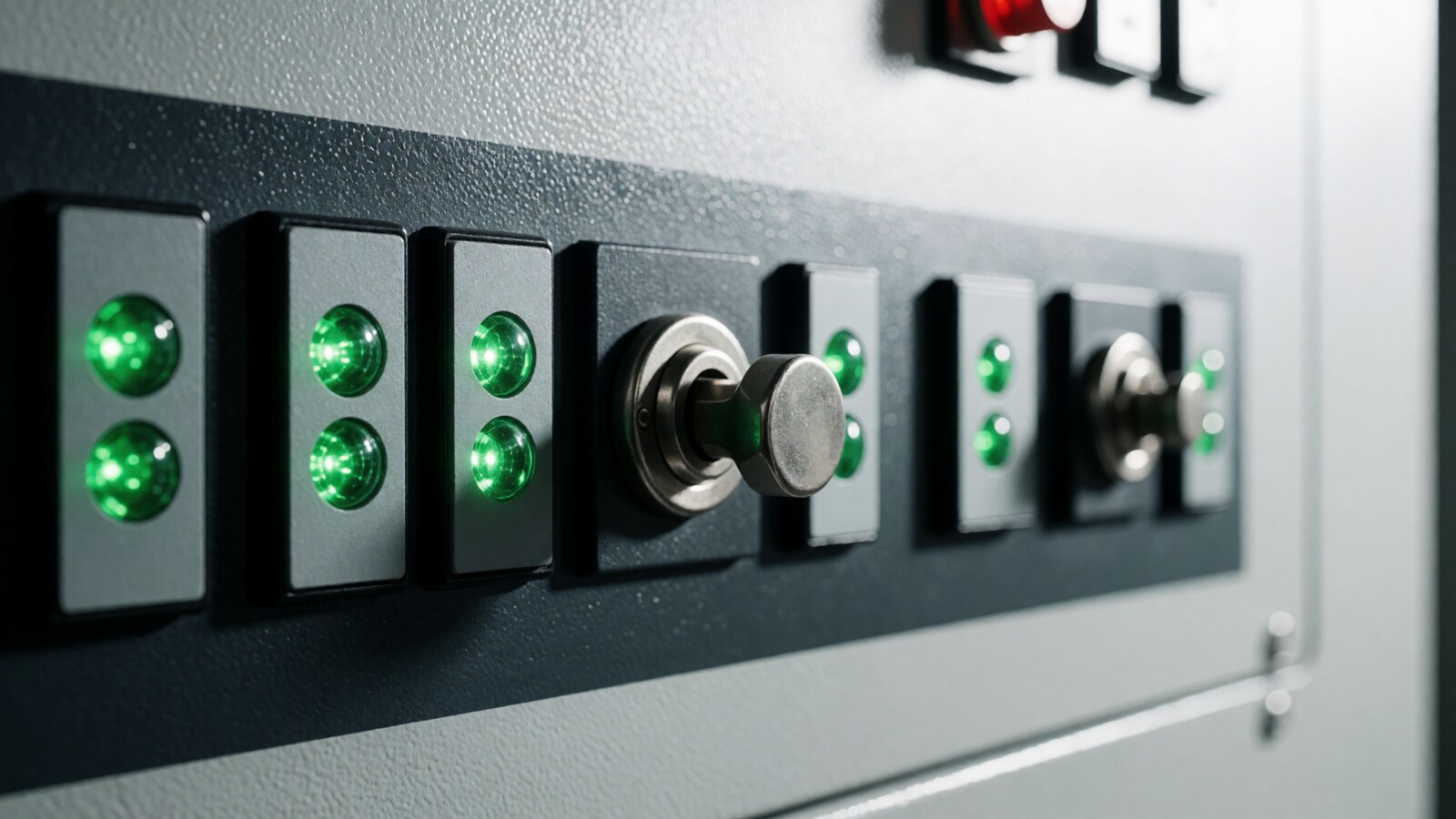 A dark control panel showing a row of green status lights, a restart key, and a browser route map reflected on metal.