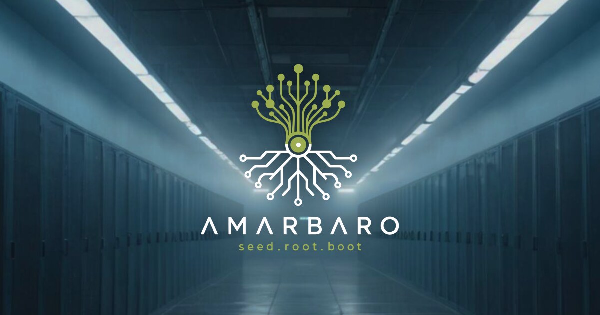 A dim server hall receding into darkness, racks lit from within along both walls, with the AMARBARO mark and wordmark centered over it.