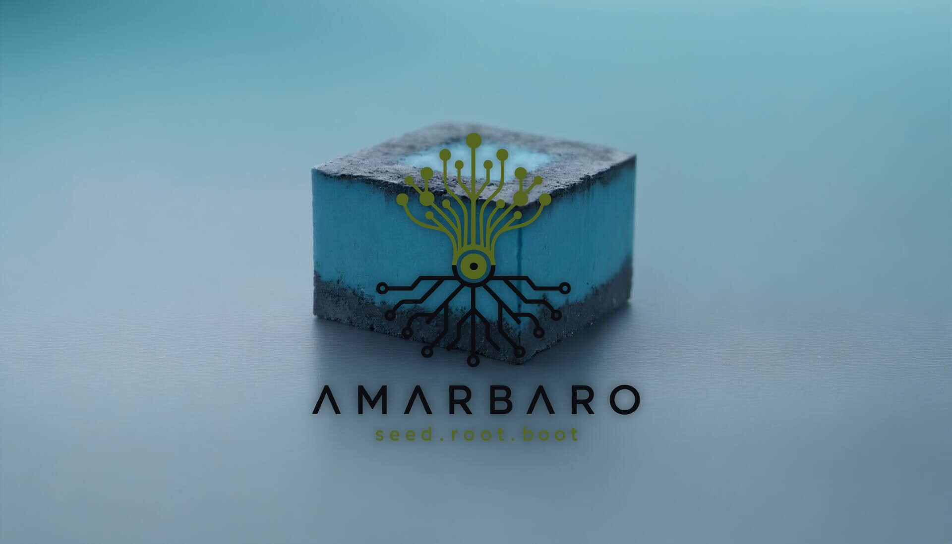 A photorealistic macro shot of a matte teal silicon die under raking studio light against a soft grey background, the AMARBARO mark centered over it.