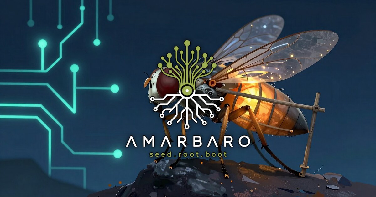 An unfinished construction site on a fruit fly's body, scaffolding around her knees and wings, the AMARBARO mark centered in the foreground.