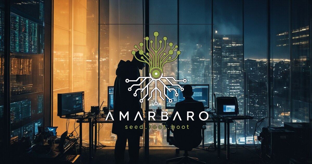 A silhouetted figure standing before a wall of monitors, facing a lit city skyline through floor-to-ceiling windows at night, with the AMARBARO mark overlaid.