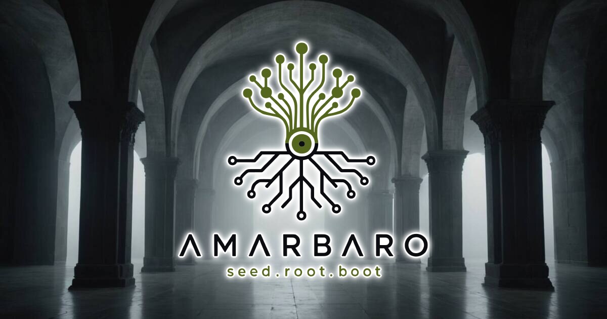 A fog-filled vaulted stone hall of arches and columns, pale light throughout, with the AMARBARO mark and wordmark centered over it.