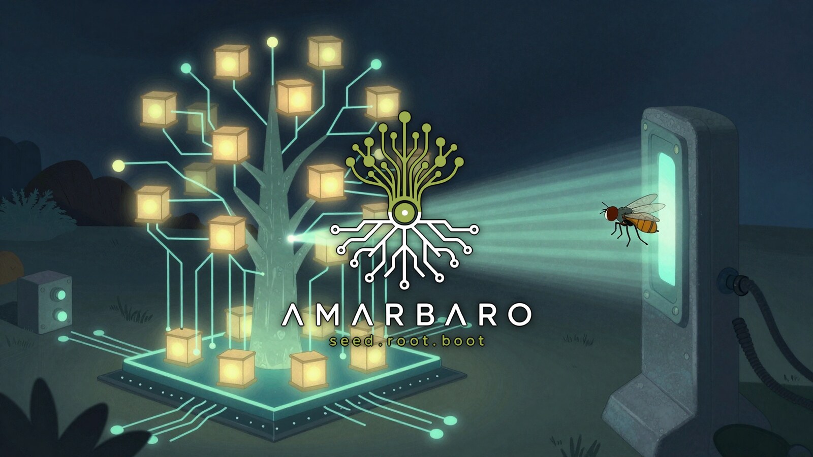 A single thin ray of light entering a small box made of smaller nested boxes on a dark grid, the far side of the box left dark, the AMARBARO mark centered in the foreground.