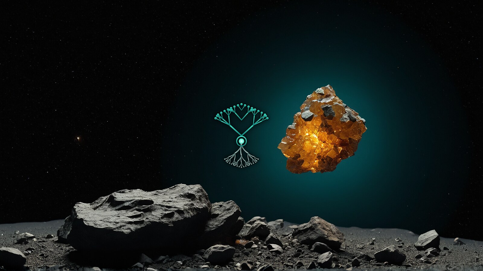 Loose dark rock fragments on a barren surface in black space, one fragment glowing amber, no planet formed, the AMARBARO symbol centered in the frame.