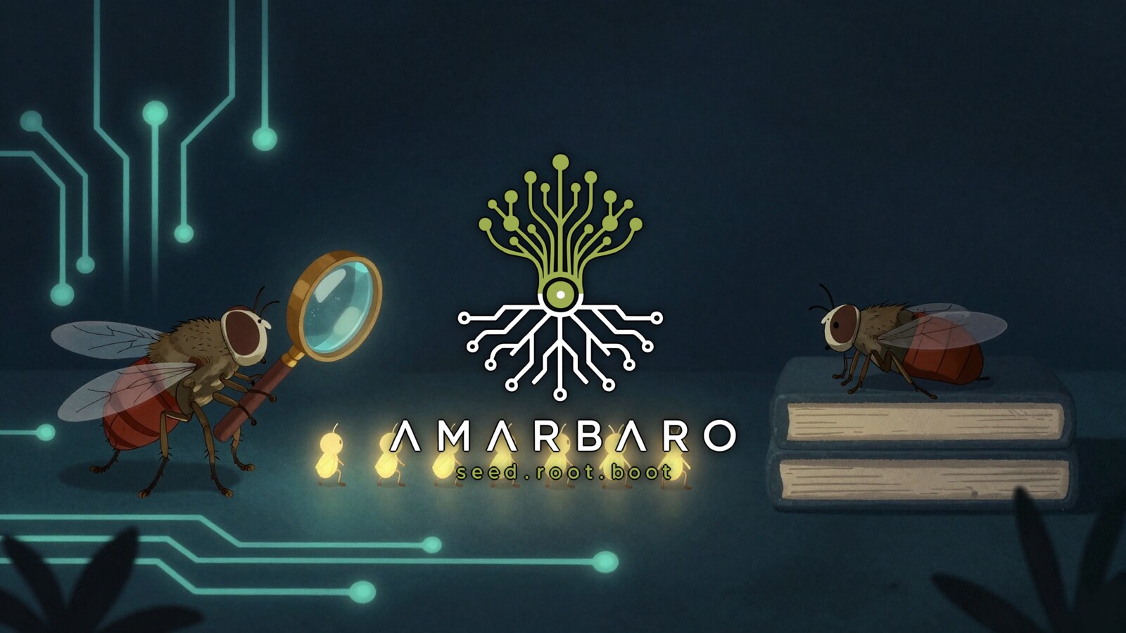 A magnifying glass held over a row of small bug figures, one of them standing just outside the circle of the glass and unseen, the AMARBARO mark centered in the foreground.