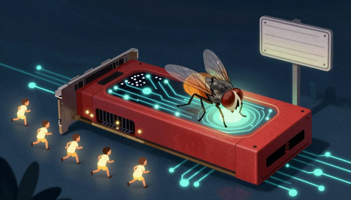 A big red graphics card as a glowing machine, a slow heavy fly trying to walk on it, six tiny workers made of light outrunning her.