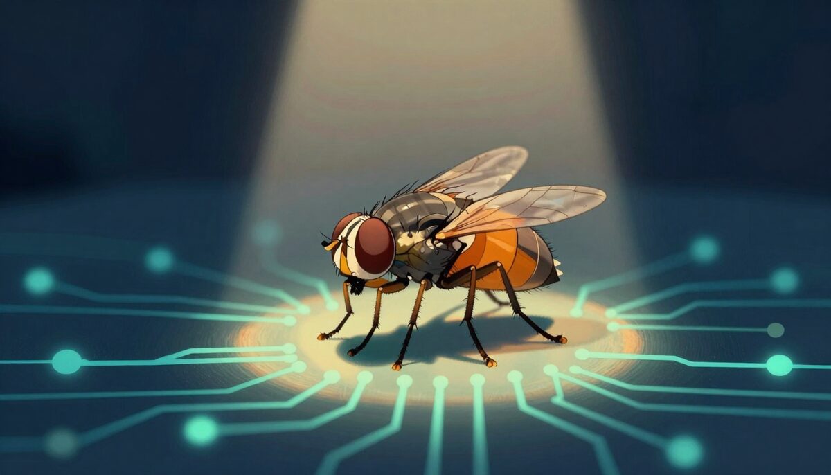 A small fruit fly standing proudly on six legs for the first time under a spotlight.