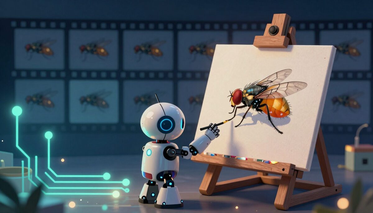 A tiny painter robot drawing a fly on an easel, the painting and the real fly identical.