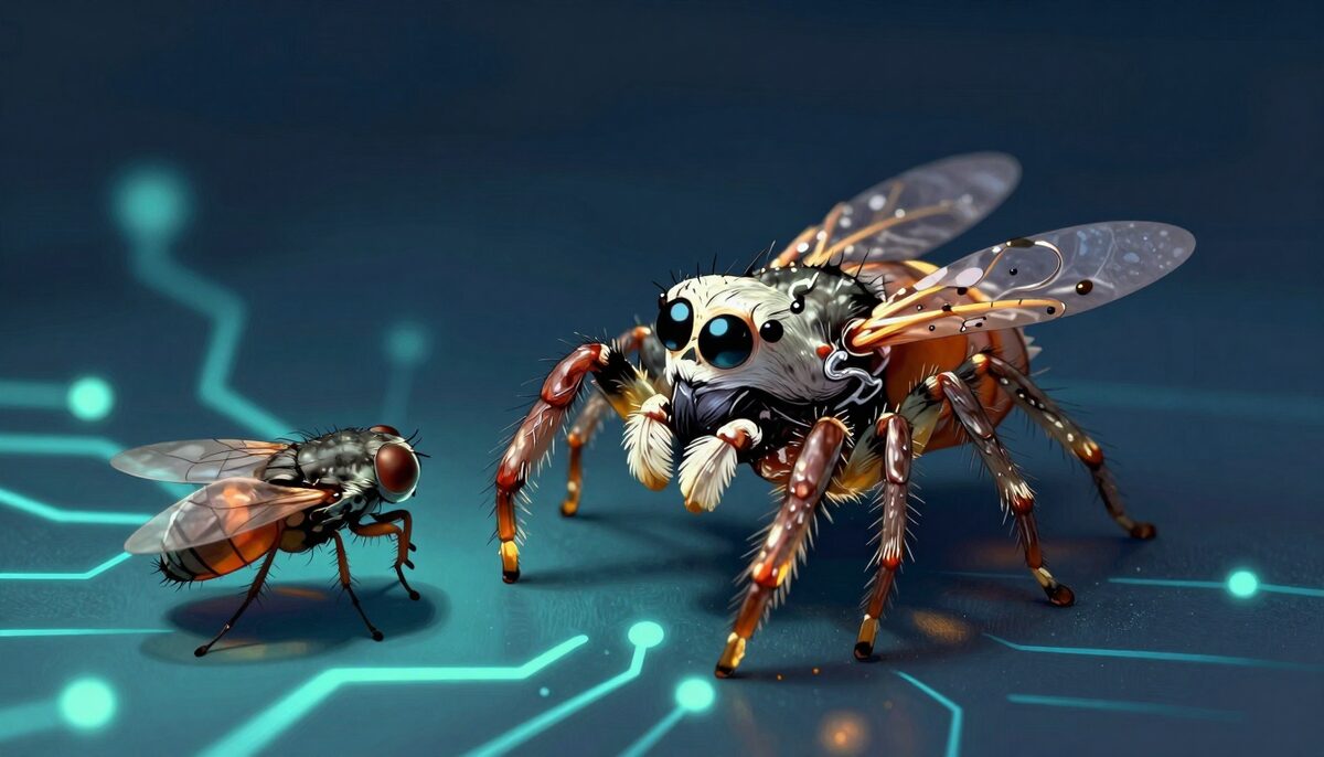A jumping spider with big round front eyes and eight legs standing beside the fly like a cousin.