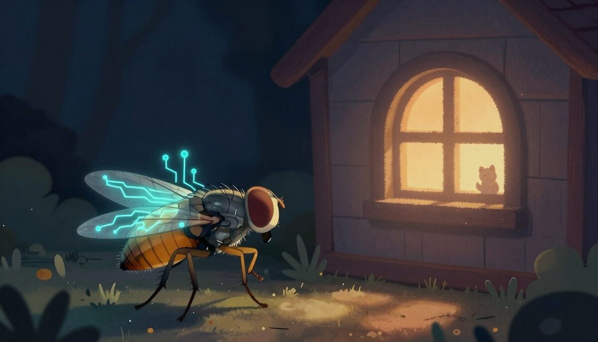 The fly's glowing brain and her body walking toward one cozy house together, warm window light.