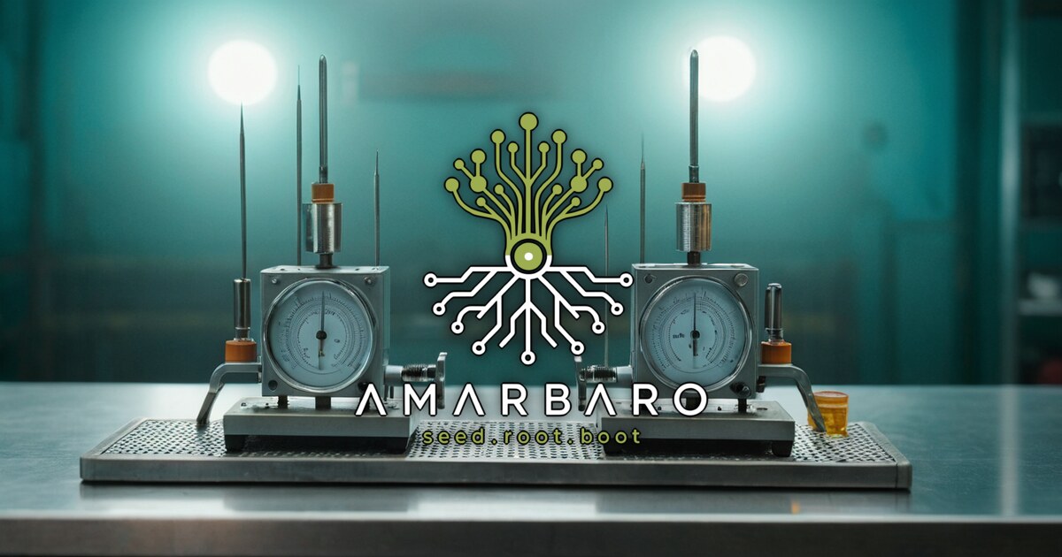 Two identical brass-and-steel gauge stands, each fitted with a probe and an analog dial, arranged symmetrically on a steel table in a teal, fog-filled vaulted room, with the AMARBARO mark and wordmark centered between them.