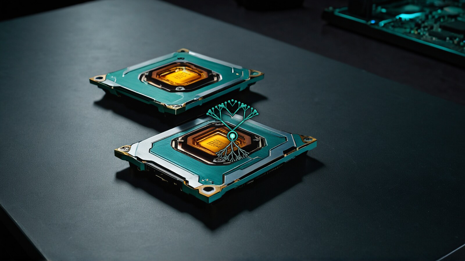 Two identical teal chip packages with glowing amber centers lying side by side on a dark bench, the AMARBARO symbol centered between them.