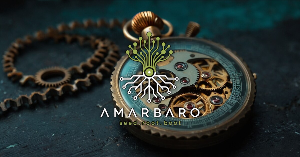 A close-up of an open brass pocket watch with exposed skeleton gears and jeweled bearings, a coiled watch chain and a spare gear resting beside it on a dark textured surface, the AMARBARO mark and wordmark centered over the watch face.