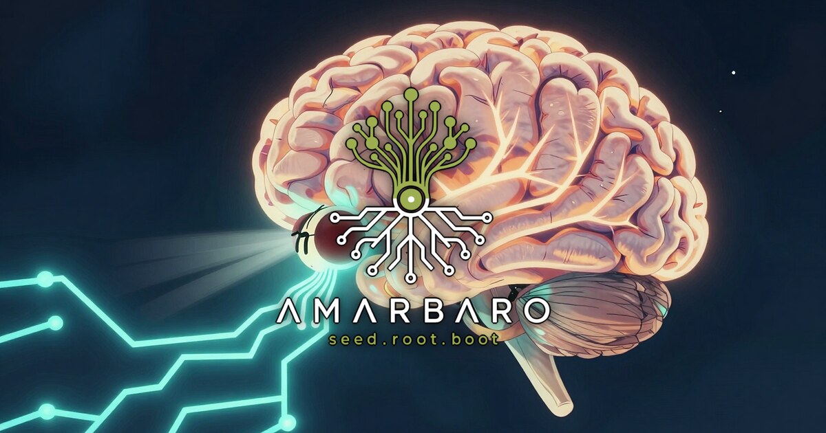 A large glowing brain above a small fruit fly, light entering her compound eyes and signals racing down a few glowing nerves, the AMARBARO mark centered in the foreground.