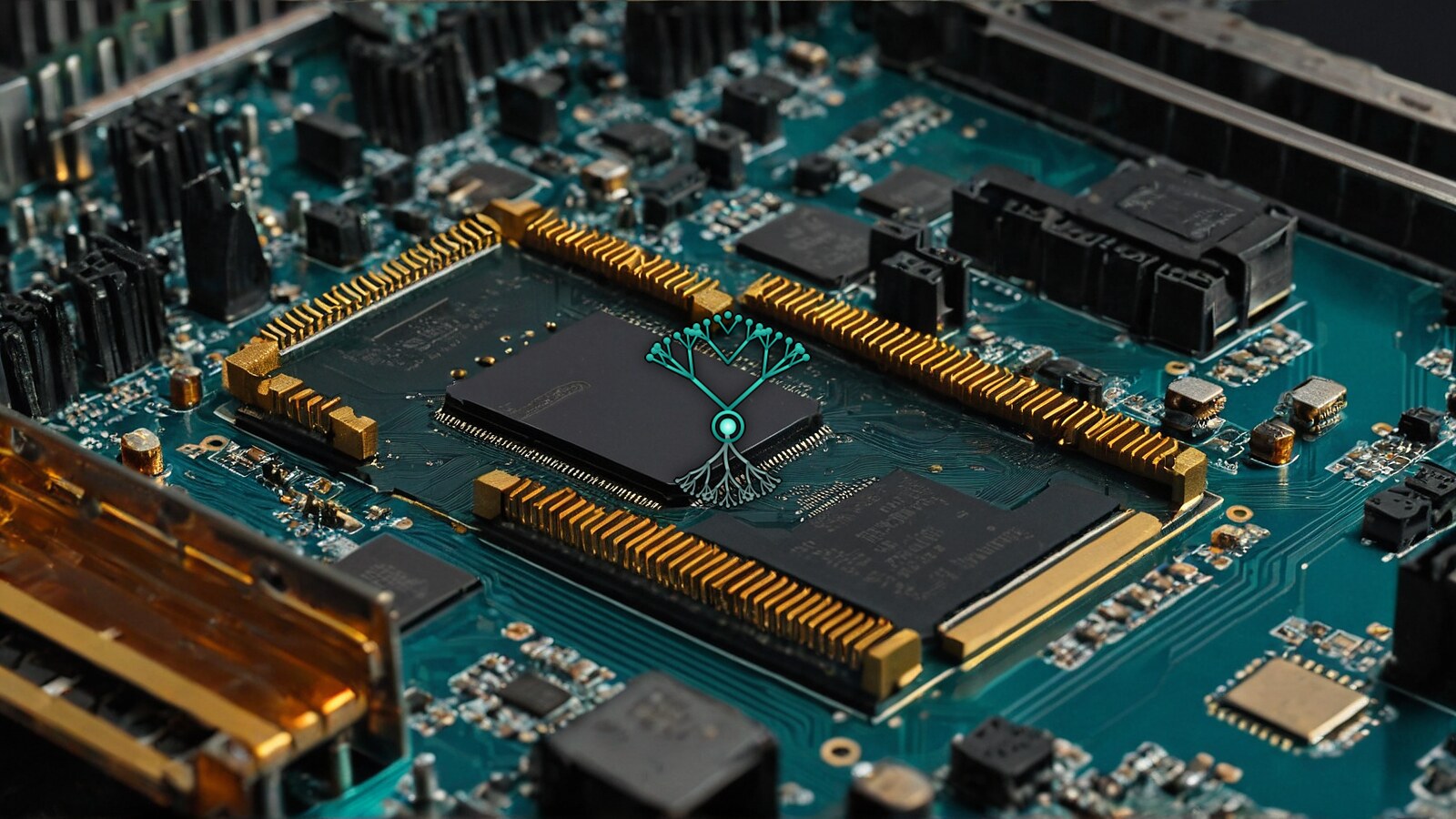 Macro of a teal circuit board with rows of gold edge connectors and a large chip, the AMARBARO symbol centered over it.