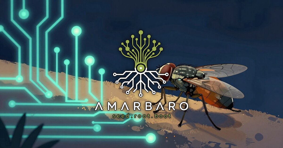 A small fruit fly standing still on six legs looking down a long glowing path, unsure which way to go, the AMARBARO mark centered in the foreground.
