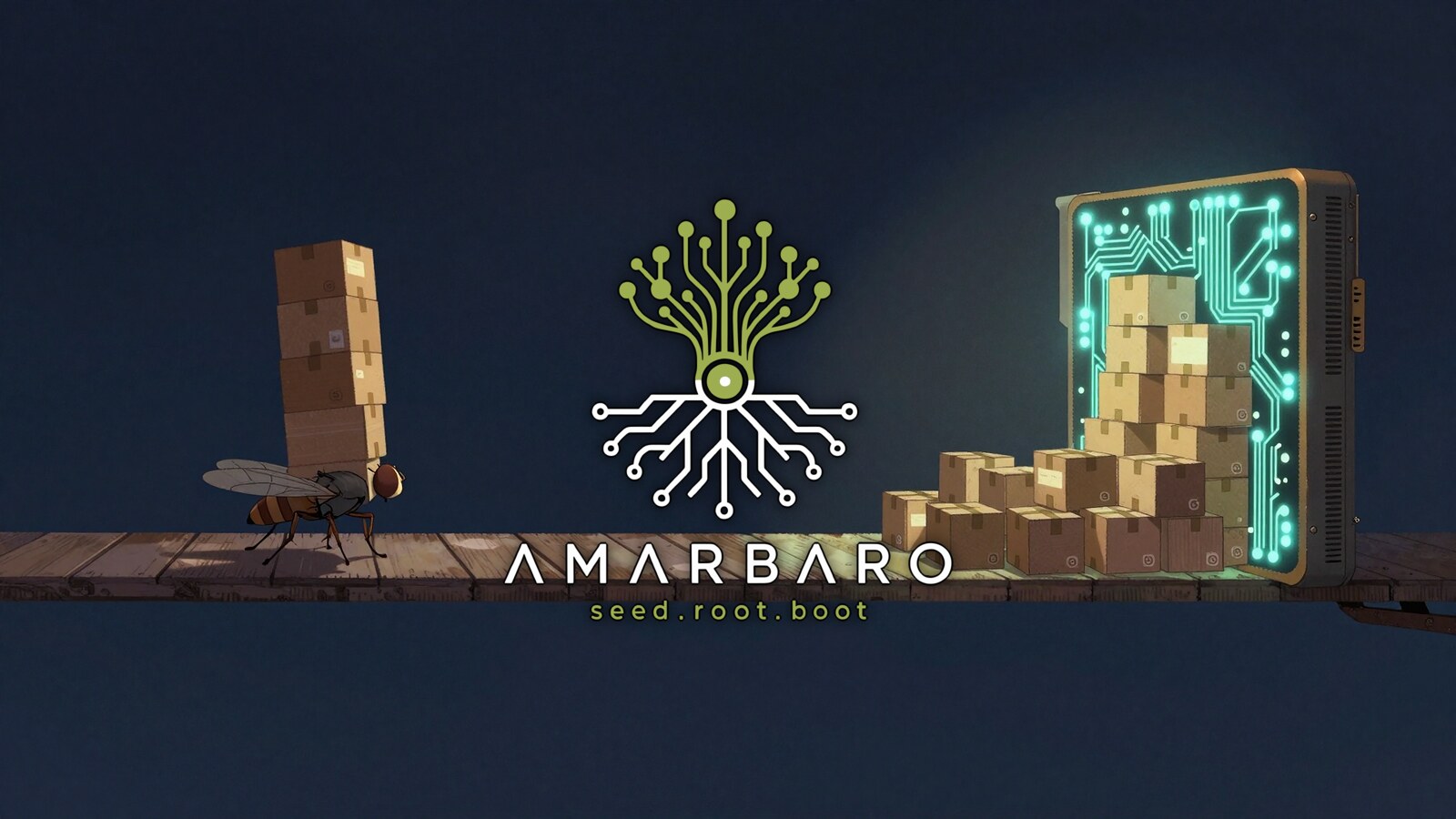 A small fruit fly carrying a tall stack of ledger boxes across a narrow bridge toward a glowing graphics card, a gauge behind it filled most of the way, the AMARBARO mark centered in the foreground.