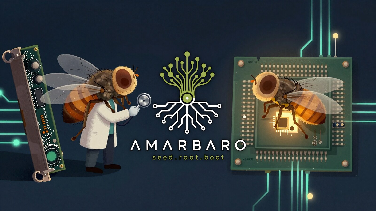A processor chip with a tiny second graphics chip fused into one corner, a measuring probe clipped to the wrong chip, the AMARBARO mark centered in the foreground.