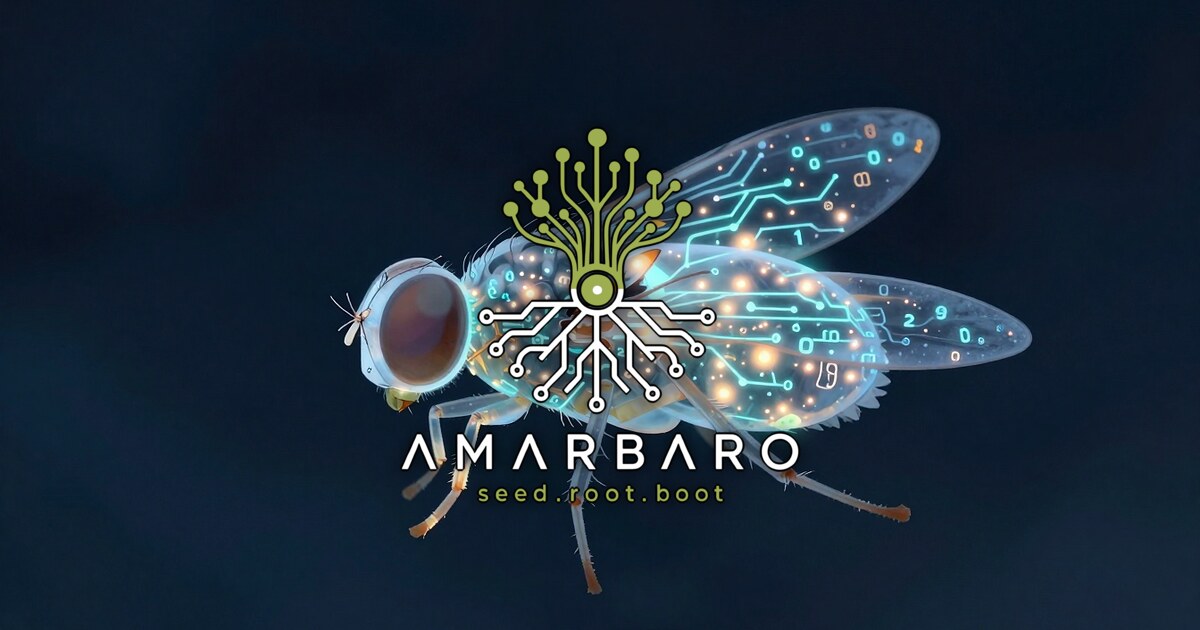 A glowing translucent fruit fly made of numbers floating in darkness, a bright brain of tiny lit neurons inside her head, the AMARBARO mark centered in the foreground.