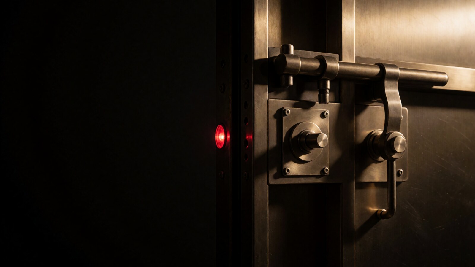 A brass latch and red indicator light on a dark instrument panel, with a narrow beam of light crossing the mechanism.