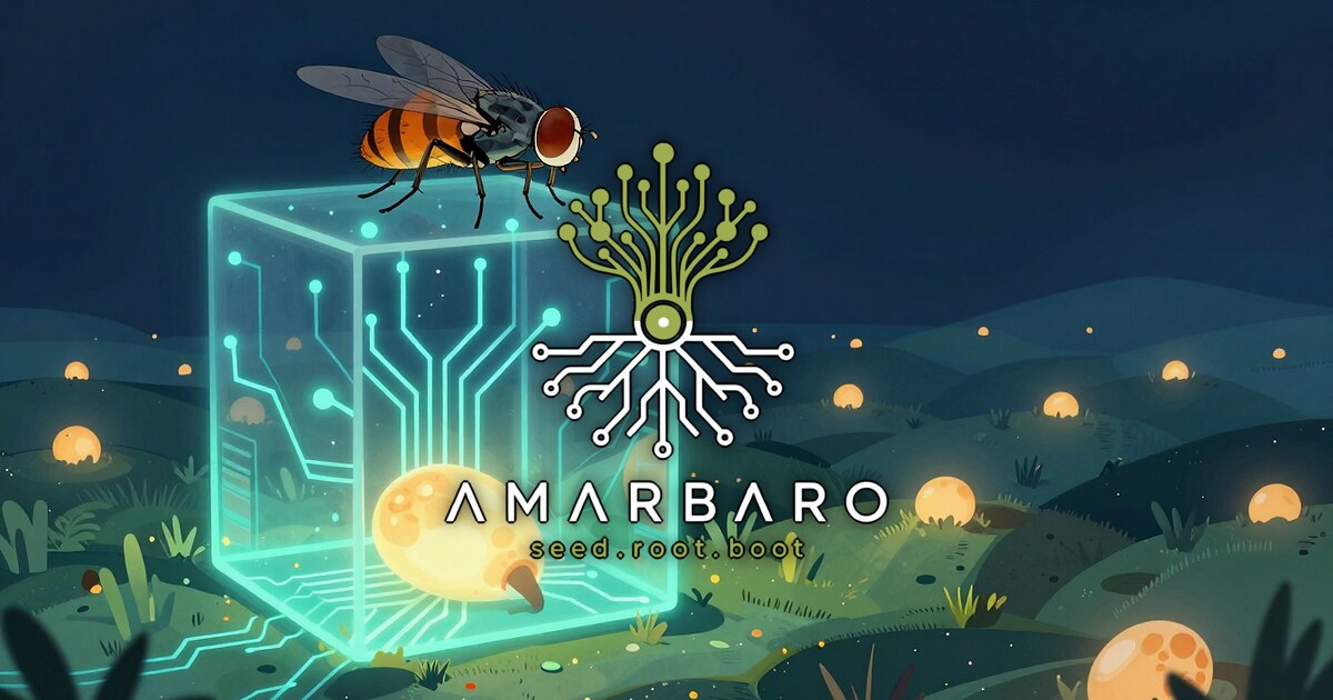 A fruit fly walking on the ceiling of a glowing transparent cube, then rolling hills of endless terrain grown from a glowing seed, the AMARBARO mark centered in the foreground.