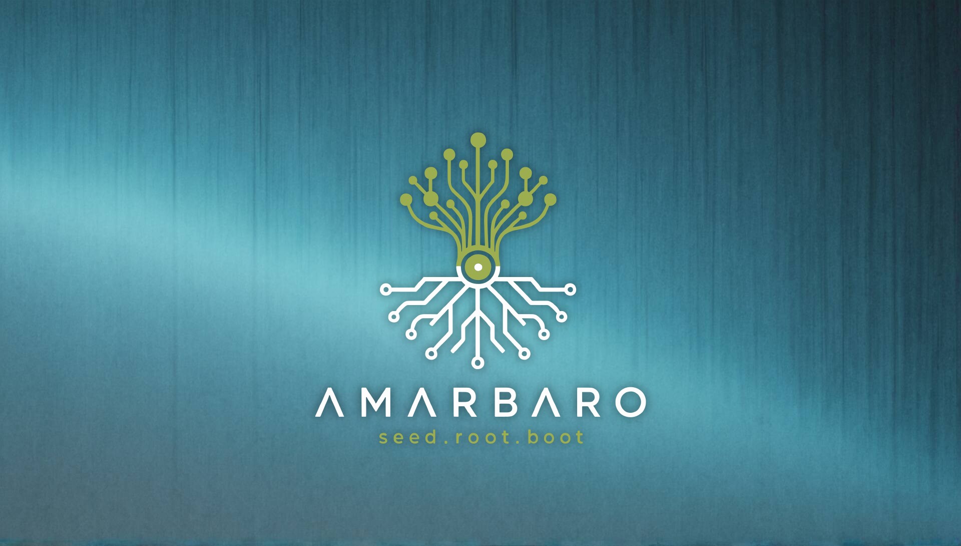 An abstract field of glowing cyan data traces flowing left to right over a dark blue substrate, the AMARBARO mark centered over it.