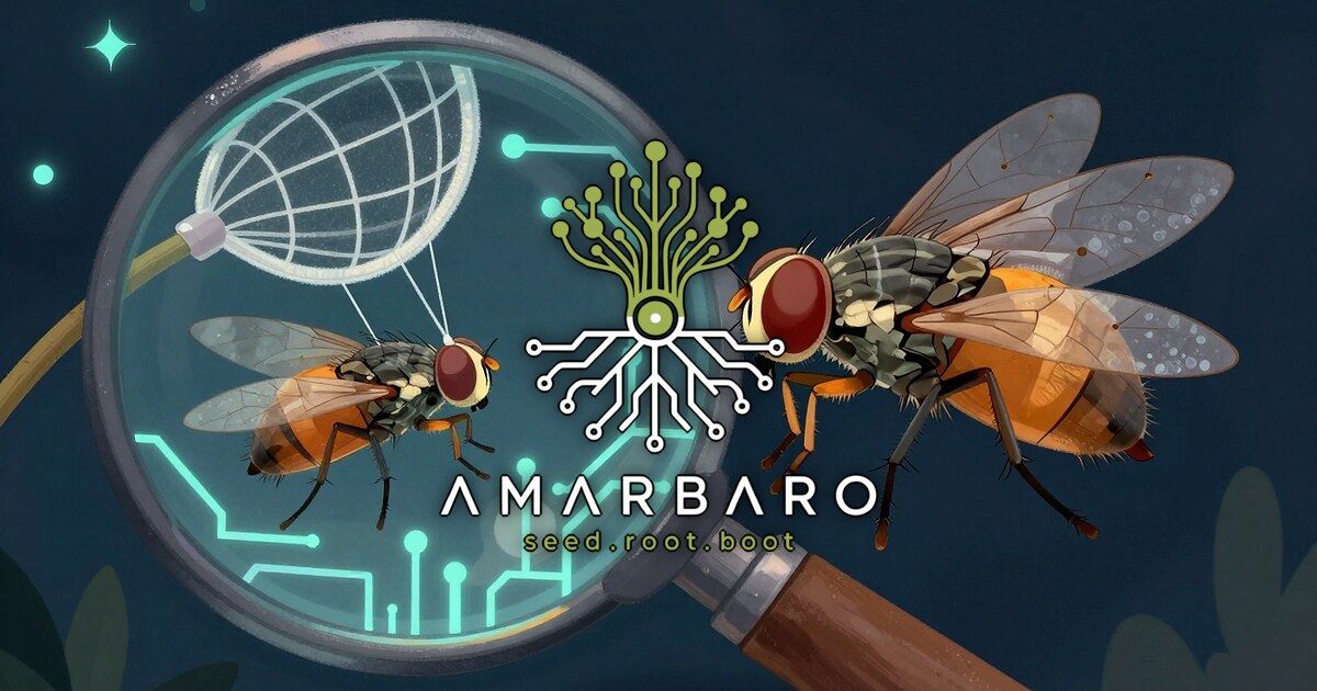 A magnifying glass inspecting a fruit fly next to its mirror twin while a tiny planted bug is caught in a net, the AMARBARO mark centered in the foreground.